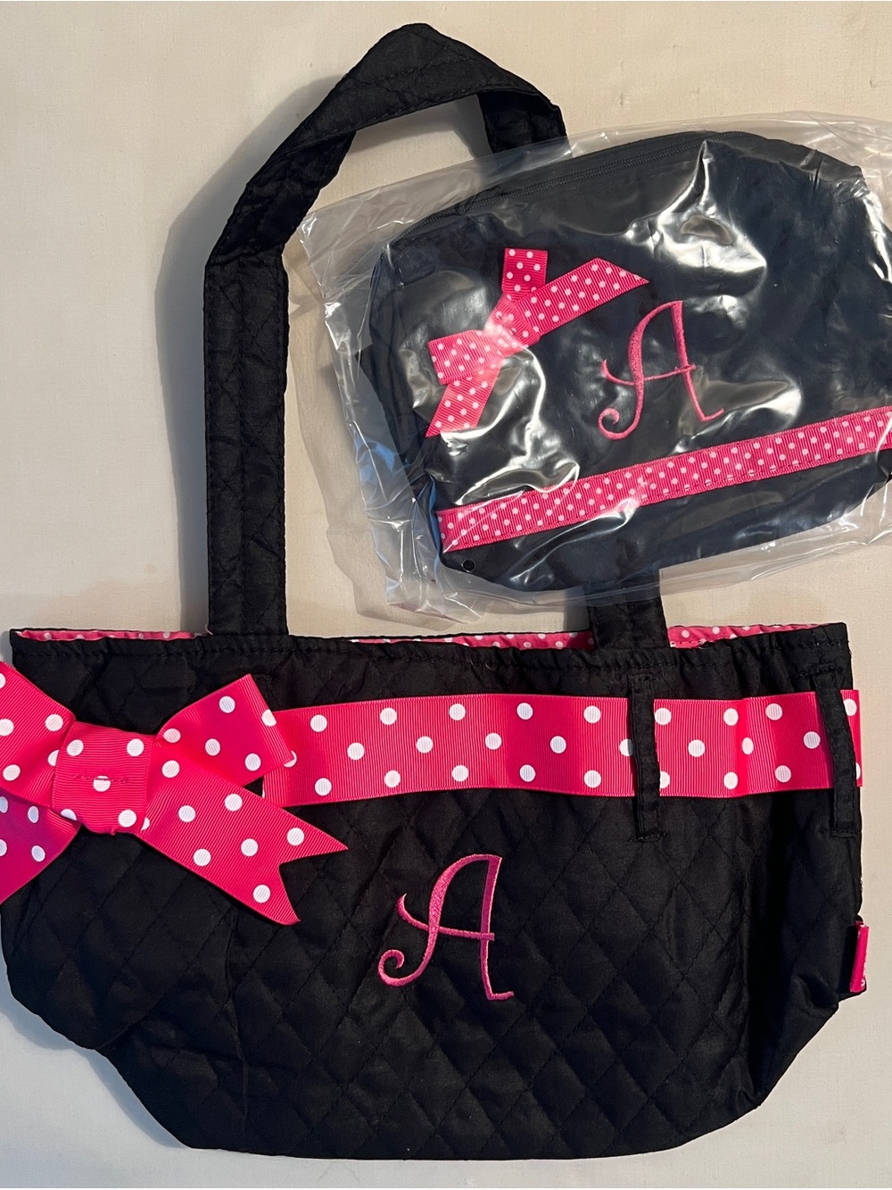 Monogram Quilted Black Tote with Hot Pink Polka Dot Bow